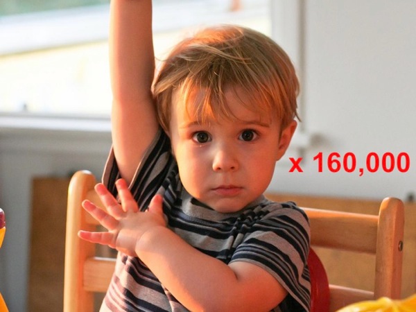 Slide43.jpg Image of a child raising his hand, annotated with *times 160,000*