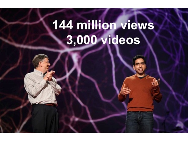 Slide46.jpg Photograph of Bill Gates and Salman Khan at a TED Talk, annotated with *144 million views / 3,000 videos*