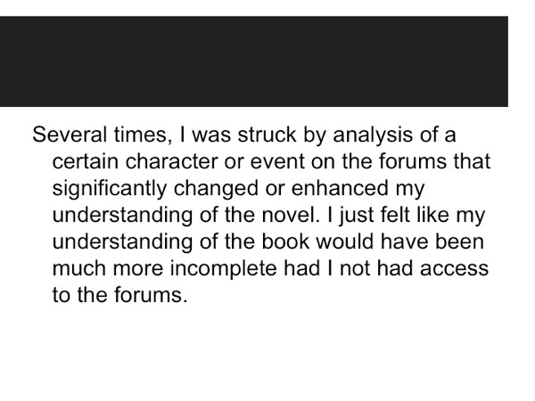 Slide56.jpg Comment from a student about the House of Leaves project