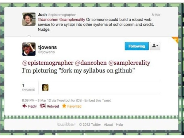 Slide78.jpg Screenshot of a tweet about forking syllabi from Trevor Owens